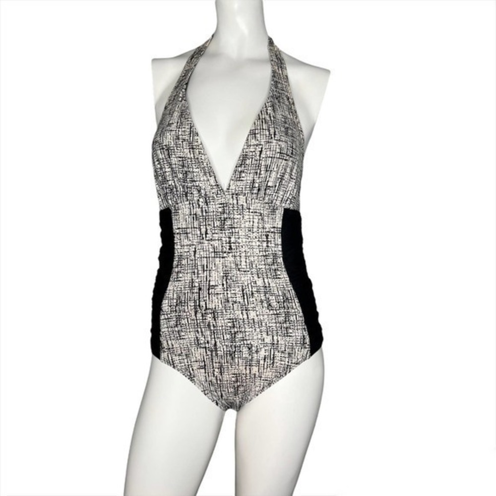 Calvin Klein one piece v-neck black & cream / white bathing suit women size 8